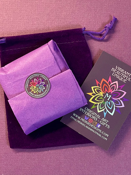 Pink Purple Butterfly Handbag Mirror gift wrapped in tissue and matching velvet pouch - art nouveau style  Compact slim Square Folding Pocket Makeup Mirror Gift for Her. present for Mum, Auntie, teacher, friend, daughter. metal case featuring stylised butterfly design on. the front with two mirrors inside.