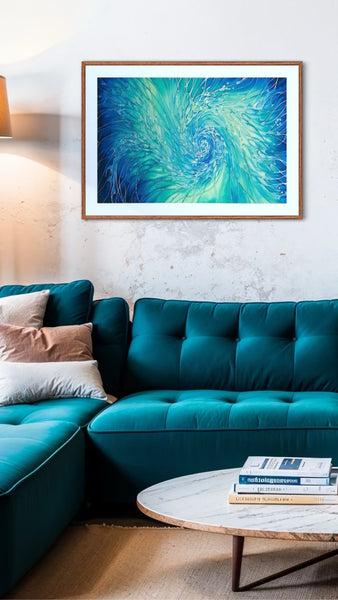 Beautiful sea green, aqua, teal, blue limited edition print of swirling shoals. Interior design. Wall art. 60x90cm art print for living room, bathroom, bedroom,  therapy room, yoga studio tranquil art creating a calm atmosphere.