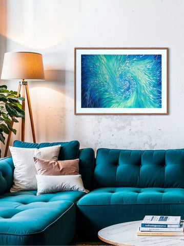 Beautiful sea green, aqua, teal, blue limited edition print of swirling shoals. Interior design. Wall art. 60x90cm art print for living room, bathroom, bedroom,  therapy room, yoga studio tranquil art creating a calm atmosphere.
