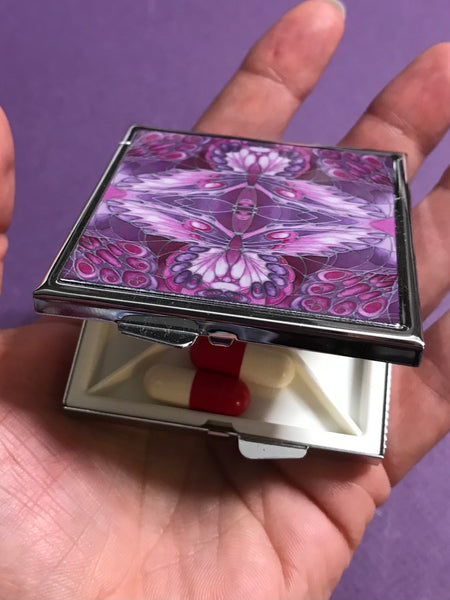 Pink Plum Art Nouveau Style Large Pill Box - Twin Butterfly Stud Earing Jewellery Box