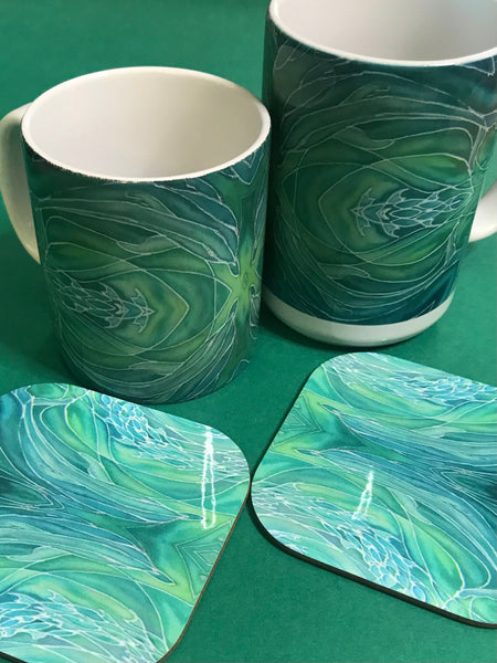 Green Dolphins Mug and Coaster - Extra Large & Regular Mug Sizes Dolphin Lovers Mug Gift Box Set -
