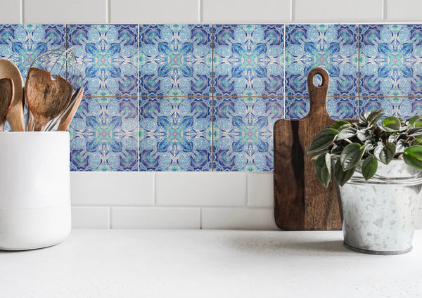 Blue turtle mandala tiles 6x6” squares with a smooth shiny surface, gorgeous aqua ultramarine & royal blue shades, hand printed by Meikie in her Studio. Perfect for a bathroom makeover as a full wall, border or individual tiles set into plain tiles.