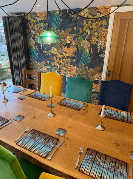 Table mats, Cathedral Trees Coloyrful sunset high quality placemats, coasters, dishwasher and microwave safe mugs in regular and xl sizes, glass chopping boards, counter saver, platters, mouse mats, square table mats, rectangular table mats, round table mats. Set the table. Come to dinner. Home dining.