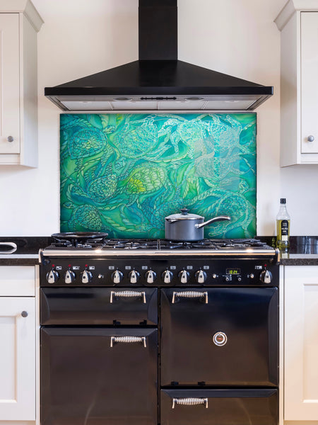 Emerald Green Turtles Splashback  - Jade Aqua Mint Lime Made to Measure Glass Splashback