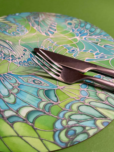 Green Tableware - Lime Green Placemats - Green Coasters - Green Glass Chopping boards - Green Glass Counter Savers - Green Glass Serving Platters - Butterfly Wings  - Green melamine serving tray - Green table mats - Durable hardwearing table mats - Meikie designs Sea Green Table Mats, Place Settings, Coasters, Mugs, Chopping Boards, Trivets, Round Table Mats, Mouse Mats. Emerald Aqua Teal Lime Turquoise. Round Table Mats. rectangular place mats.