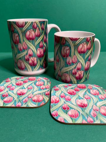 Extra Large Tulips Mug. Pink Green mugs in BIG & standard sizes.  mug & coaster box set. nature lovers gift set. Gardeners gift. flower lovers gift. gift for him. gift for teacher. gift for her. tea coffee lovers gift.