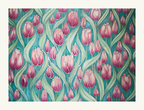 gorgeous pink tulip art print available in green or cream mount. 40 x 50cm mounted print. ready for framing. pink flower print of an original hand painted silk. field of tulips in pink and green. living room, dining room, bedroom art. gardeners gift.