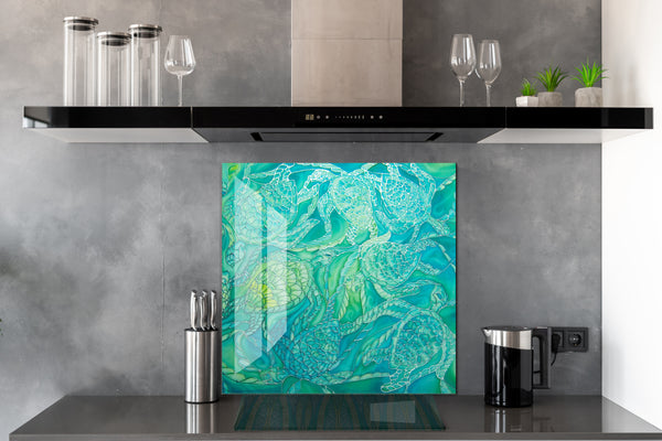 Emerald Green Turtles Splashback  - Jade Aqua Mint Lime Made to Measure Glass Splashback