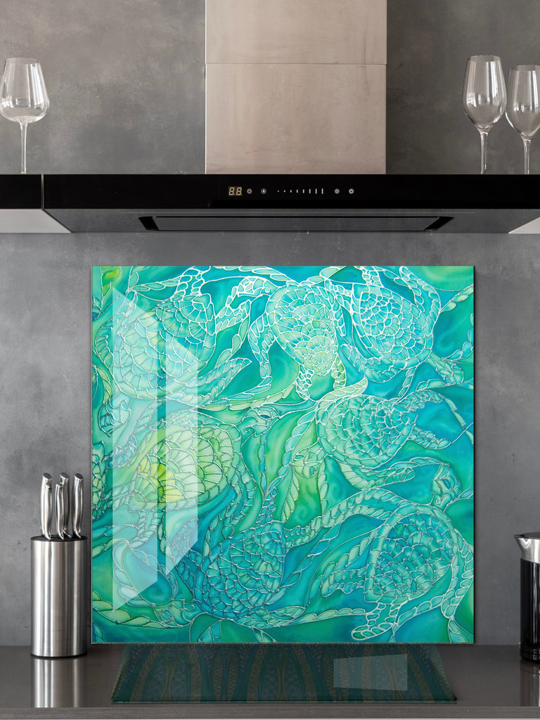 Emerald Green Turtles Splashback  - Jade Aqua Mint Lime Made to Measure Glass Splashback