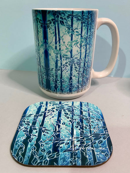 Blue Teal Trees Mug in Extra Large & Regular Sizes, add Coaster for Box Set - Great Gift for Tree, Woods, Forests, Nature, Tea or Coffee Lovers. Man sized Mug. Gifts for Men.