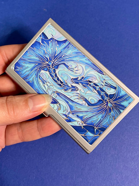 Blue dragon business card holder, pocket, handbag, briefcase, purse or desk drawer. Opens to reveal space to fit your introduction cards. Also make a great containers for carrying credit cards.