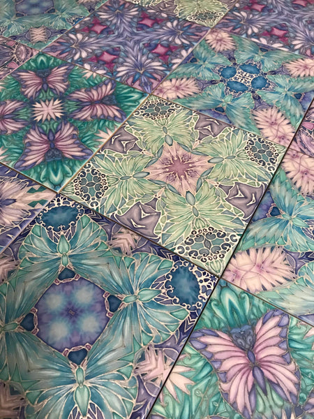 Pretty Butterflies and Flowers set of 8 Tiles - Lilac Turquoise Bohemian Ceramic Printed Tiles