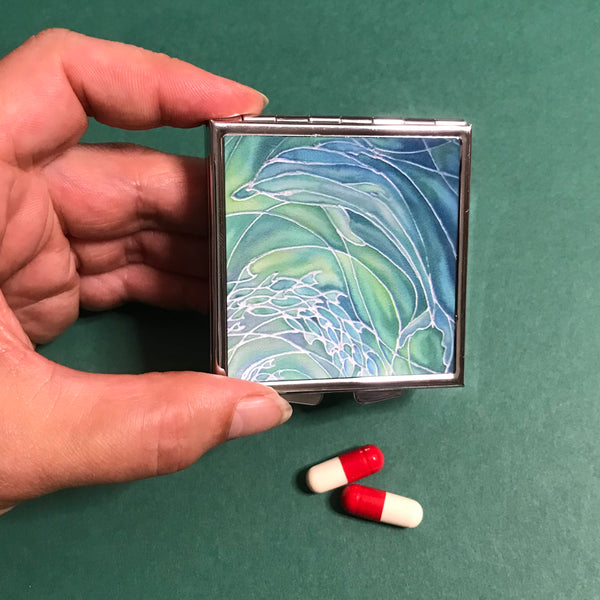 Green Lime Dolphin Large Pill Box - Stud Earing Jewellery Box.