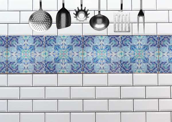 Blue turtle mandala tiles 6x6” squares with a smooth shiny surface, gorgeous aqua ultramarine & royal blue shades, hand printed by Meikie in her Studio. Perfect for a bathroom makeover as a full wall, border or individual tiles set into plain tiles.