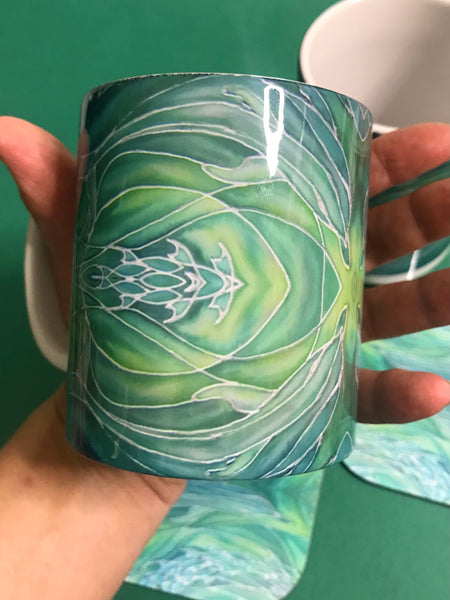 Green Dolphins Mug and Coaster - Extra Large & Regular Mug Sizes Dolphin Lovers Mug Gift Box Set -