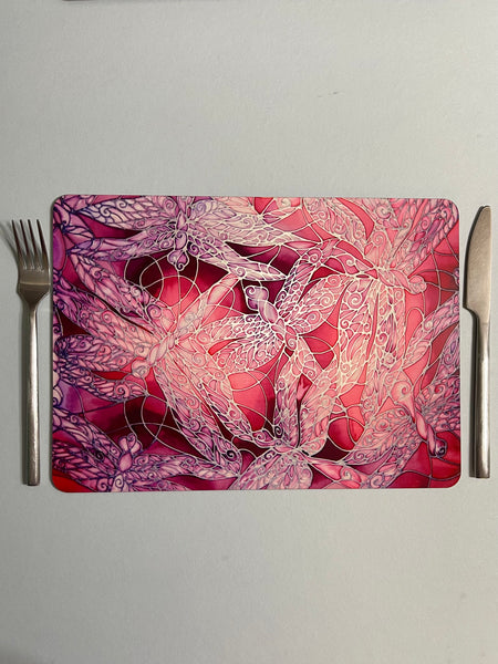 Dragonflies Placemats & Coasters - pink purple glass chopping boards - Round Table Mats