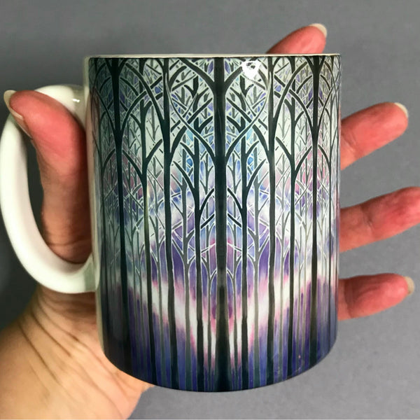 Misty trees mug. Charcoal trees in a lilac purple lavender grey mist. Dishwasher and microwave safe mug. Gift for tree and nature lovers.