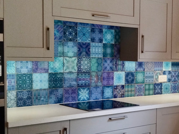 Beautiful Bohemian Mixed set of cool fresh blue, green, ultramarine, teal, aqua and turquoise ceramic Tiles. A Calming Tranquil  mix of Patterned and Kaleidoscope designs for a cheering Bathroom or 'wake me up' Shower. Every tile is different in this mix, featuring patterns created from turtles, dolphins, swallows, butterflies, flowers, trees and other ornate designs.