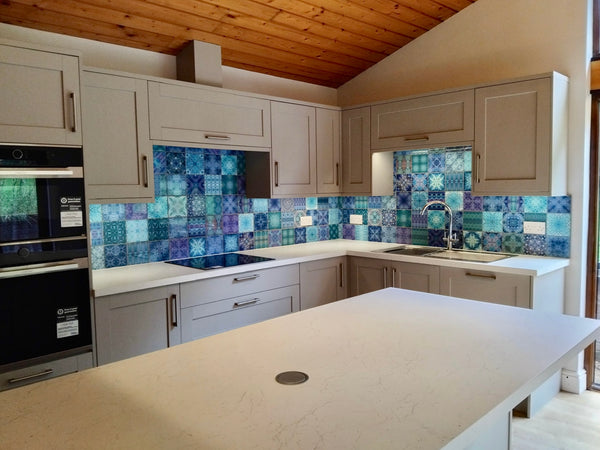 Beautiful Bohemian Mixed set of cool fresh blue, green, ultramarine, teal, aqua and turquoise ceramic Tiles. A Calming Tranquil  mix of Patterned and Kaleidoscope designs for a cheering Bathroom or 'wake me up' Shower. Every tile is different in this mix, featuring patterns created from turtles, dolphins, swallows, butterflies, flowers, trees and other ornate designs.