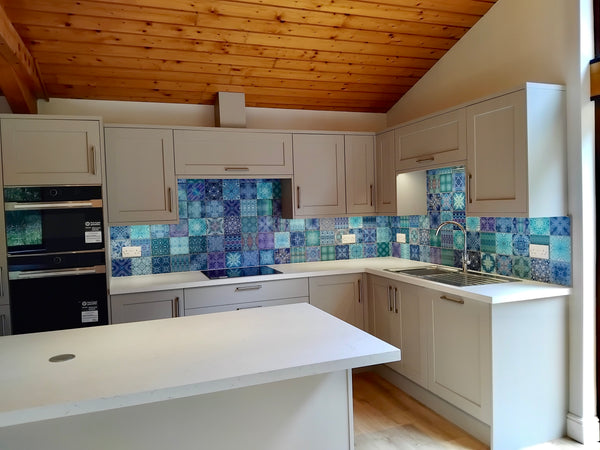 Beautiful Bohemian Mixed set of cool fresh blue, green, ultramarine, teal, aqua and turquoise ceramic Tiles. A Calming Tranquil  mix of Patterned and Kaleidoscope designs for a cheering Bathroom or 'wake me up' Shower. Every tile is different in this mix, featuring patterns created from turtles, dolphins, swallows, butterflies, flowers, trees and other ornate designs.