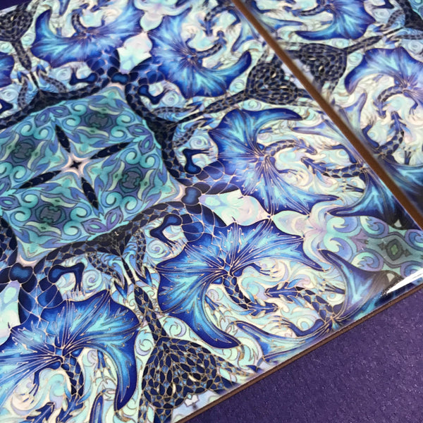 Blue Dragon Mandala Tiles -  Magical Mythical Creature Ceramic Hand Printed Tiles