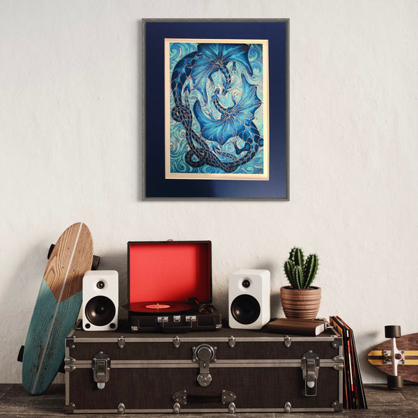 Intertwined Dragons Print - Mythical Creatures Art Print - Fiery Blue Dragons Print