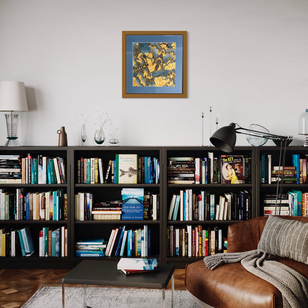 Moth on Lichen Painting - contemporary hand painted silk Butterflies - Blue Yellow Butterfly Original Art