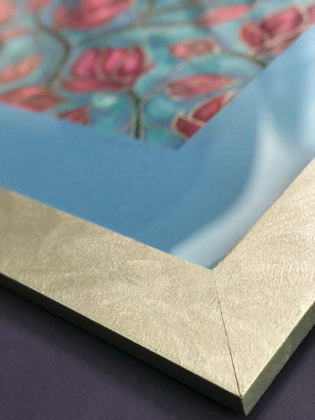 Folksy Boho Magnolia Flowers Pink & Sky Painting - hand painted silk Magnolias - Magnolias Original Art