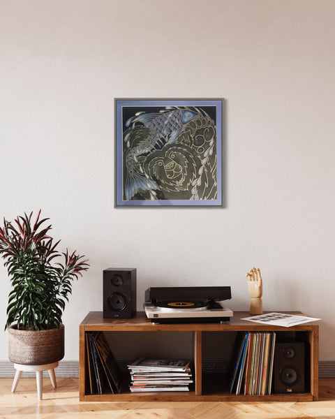 Happy Bear Silk Painting - Bear with Fish Original Art - Black Bear Painting