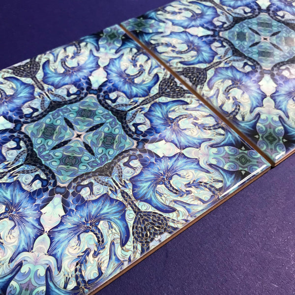 Blue Dragon Mandala Tiles -  Magical Mythical Creature Ceramic Hand Printed Tiles