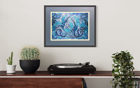 Magical Dragon Family Print - Mythical Creatures Art Print - Fiery Blue Dragons Print