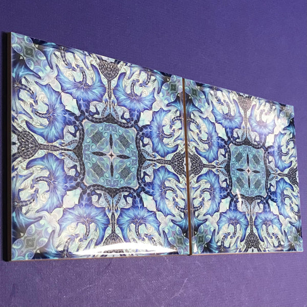 Blue Dragon Mandala Tiles -  Magical Mythical Creature Ceramic Hand Printed Tiles