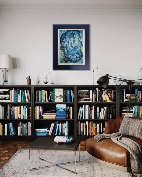 Intertwined Dragons Print - Mythical Creatures Art Print - Fiery Blue Dragons Print