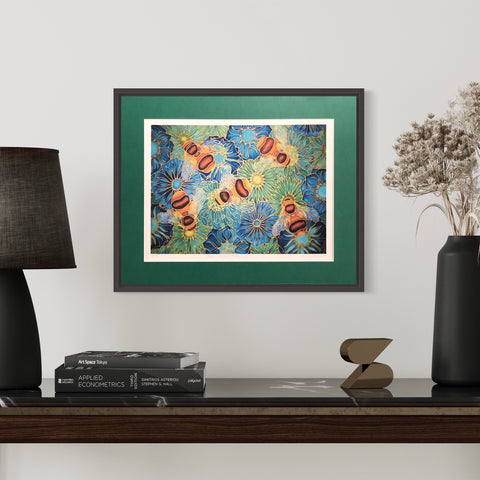Bees & Flowers Art Print - Blue Green Bees Print- Bumble Bee Print