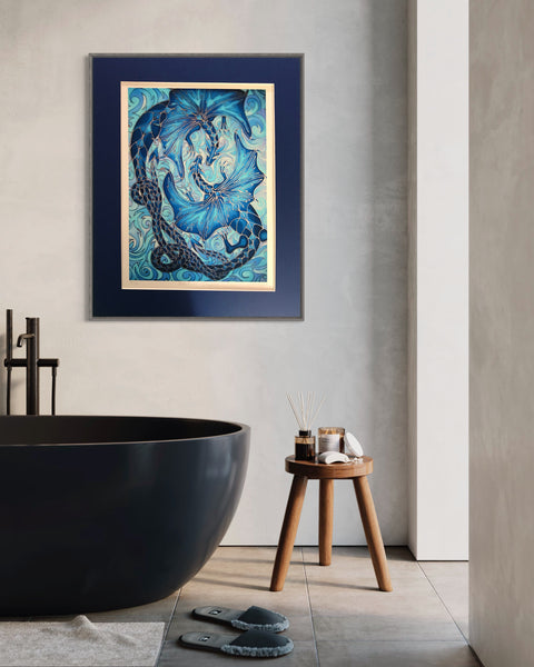 Intertwined Dragons Print - Mythical Creatures Art Print - Fiery Blue Dragons Print