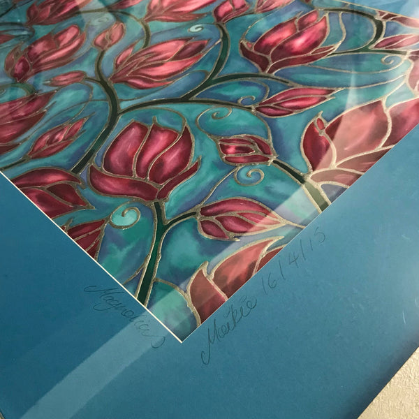 Folksy Boho Magnolia Flowers Pink & Sky Painting - hand painted silk Magnolias - Magnolias Original Art
