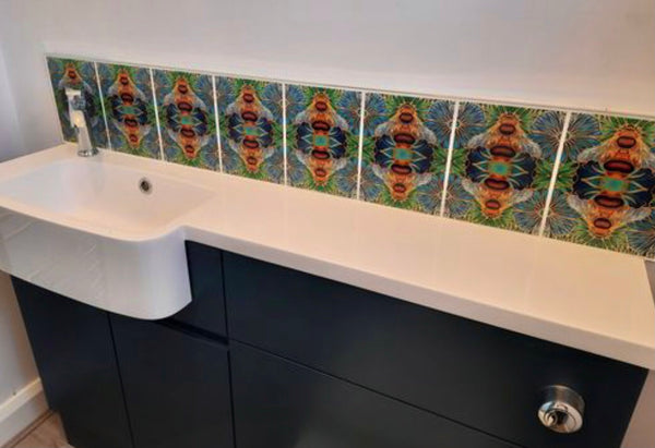 Blue green square 6x8” bee tiles. Honey bee bathroom tiles. Bumble bee kitchen tiles. bathroom remodel. kitchen makeover. Hand printed by Meikie pic from customers bathroom remodel.