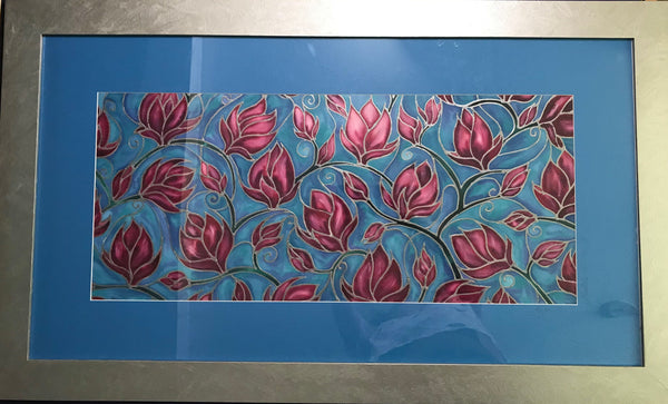 Folksy Boho Magnolia Flowers Pink & Sky Painting - hand painted silk Magnolias - Magnolias Original Art