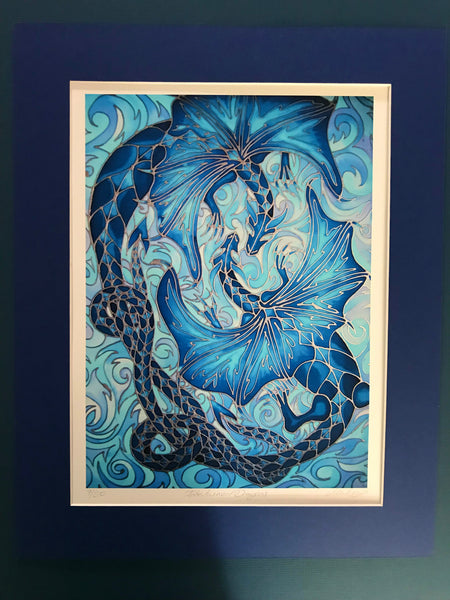 Intertwined Dragons Print - Mythical Creatures Art Print - Fiery Blue Dragons Print