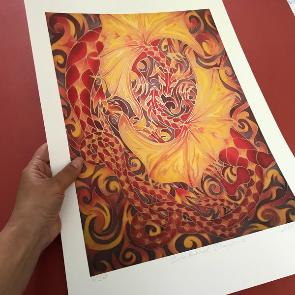Red Intertwined Dragons Print - Mythical Creatures Art Print - Fiery Red Dragons Print