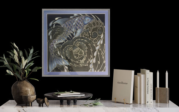 Happy Bear Silk Painting - Bear with Fish Original Art - Black Bear Painting