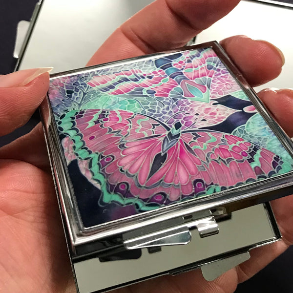 Butterfly Pocket Mirror in Pink and Mint - Pretty Folding Handbag Mirror - Gift for Her