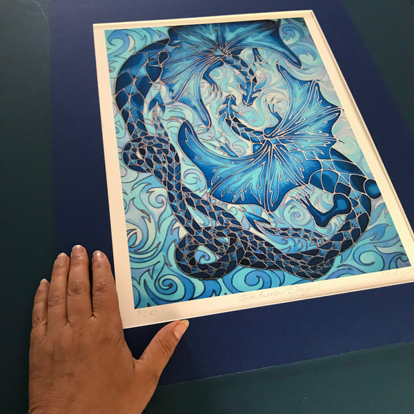 Intertwined Dragons Print - Mythical Creatures Art Print - Fiery Blue Dragons Print