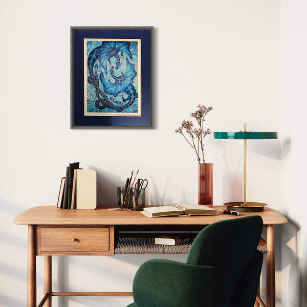 Intertwined Dragons Print - Mythical Creatures Art Print - Fiery Blue Dragons Print