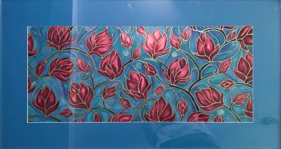 Folksy Boho Magnolia Flowers Pink & Sky Painting - hand painted silk Magnolias - Magnolias Original Art