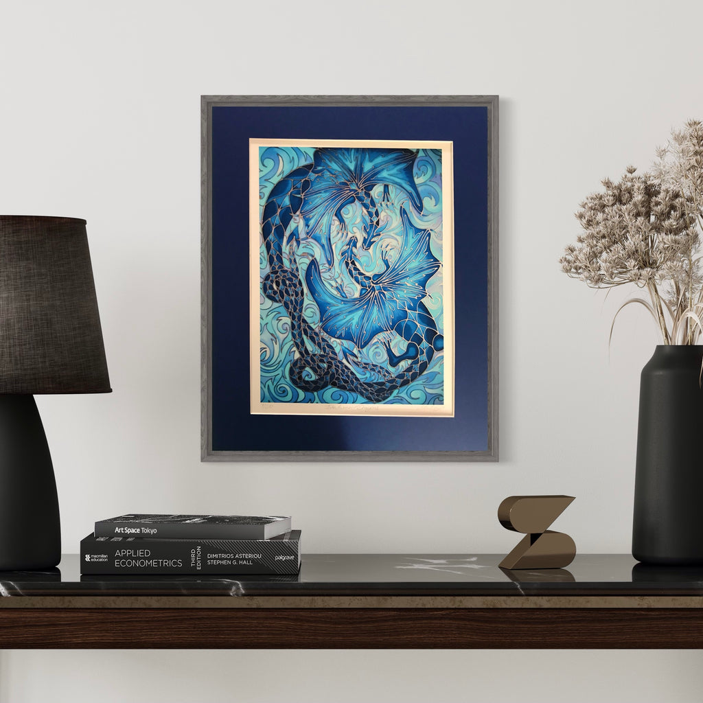Intertwined Dragons Print - Mythical Creatures Art Print - Fiery Blue Dragons Print