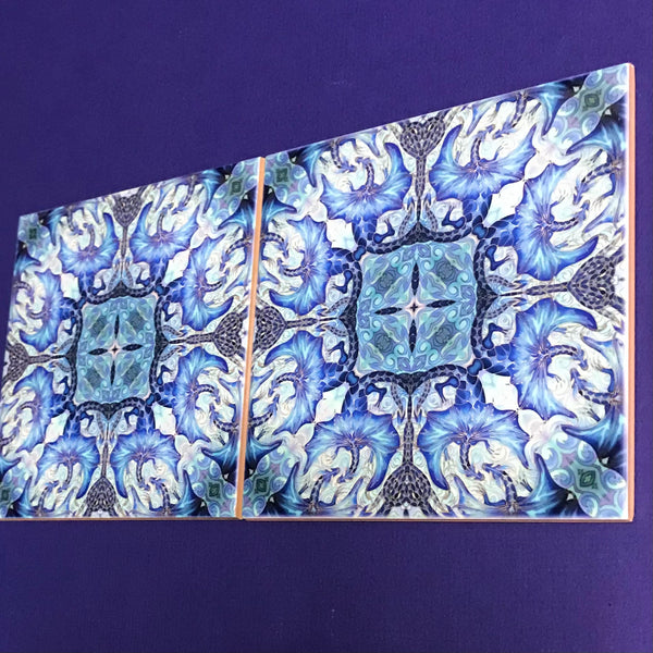 Blue Dragon Mandala Tiles -  Magical Mythical Creature Ceramic Hand Printed Tiles