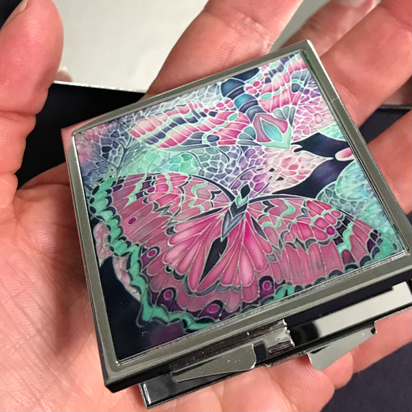 Butterfly Pocket Mirror in Pink and Mint - Pretty Folding Handbag Mirror - Gift for Her