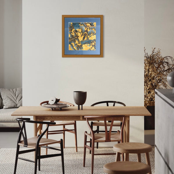 Moth on Lichen Painting - contemporary hand painted silk Butterflies - Blue Yellow Butterfly Original Art