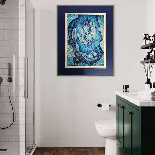 Intertwined Dragons Print - Mythical Creatures Art Print - Fiery Blue Dragons Print